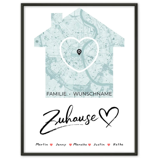 Personalisiertes Familienposter Stadtkarte Zuhause mit Nachname Herz Haus