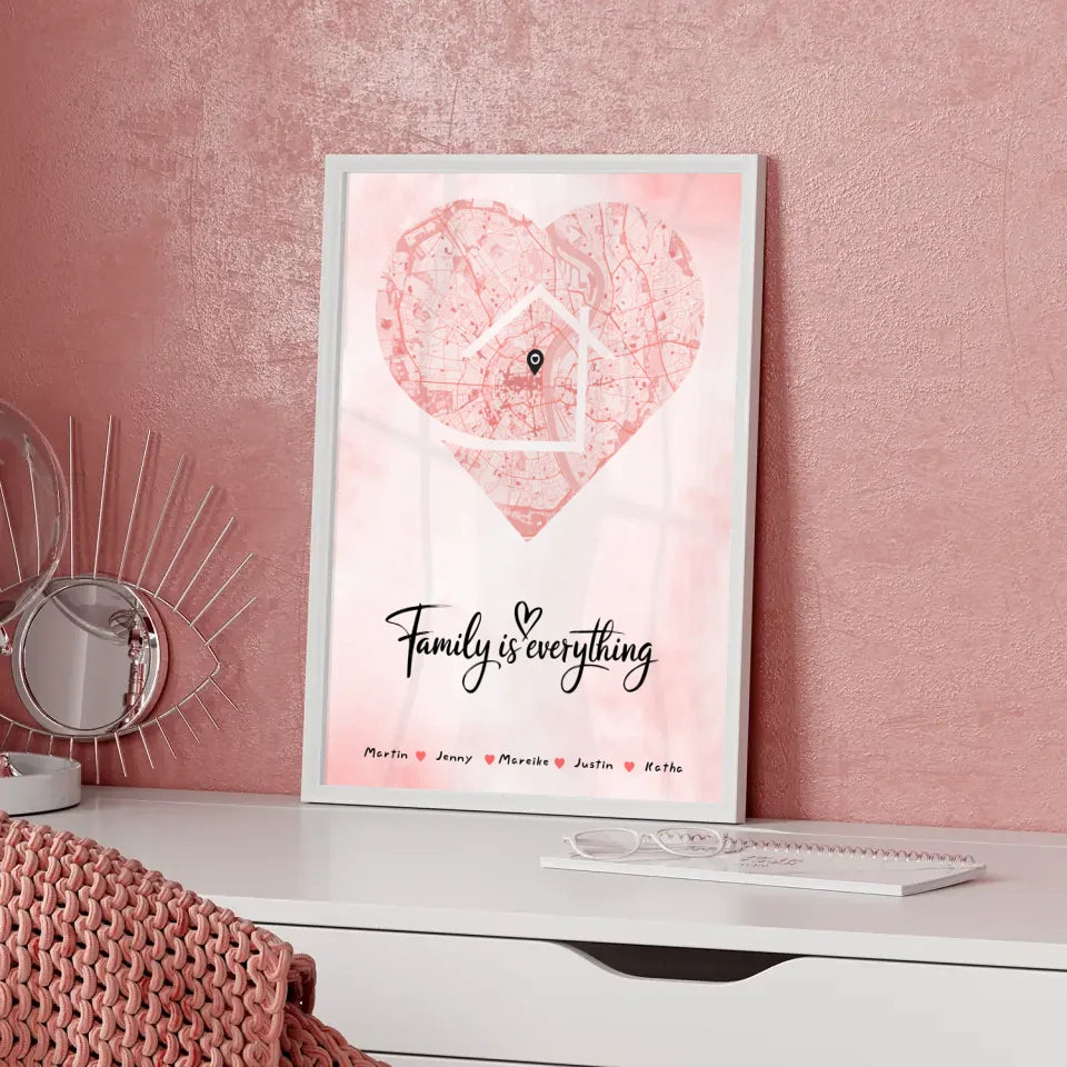 Familienposter personalisiert Stadtkarte Herz Form mit Nachname Family Is Everything