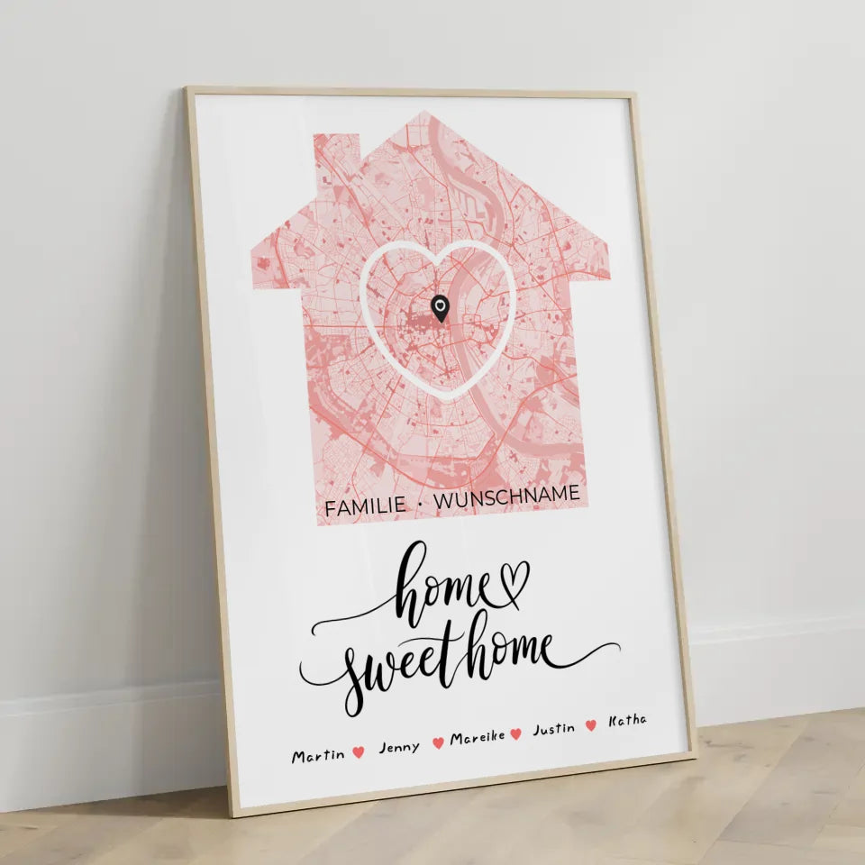 Familien Poster Personalisiert Stadtkarte Home Sweet Home Herz Haus mit Nachname