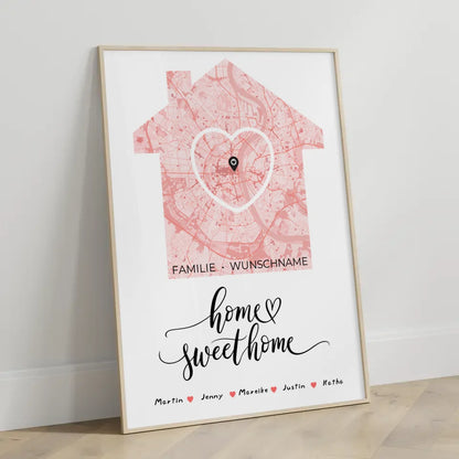 Familien Poster Personalisiert Stadtkarte Home Sweet Home Herz Haus mit Nachname