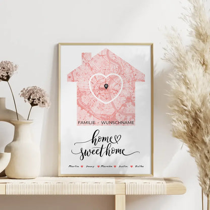 Familien Poster Personalisiert Stadtkarte Home Sweet Home Herz Haus mit Nachname