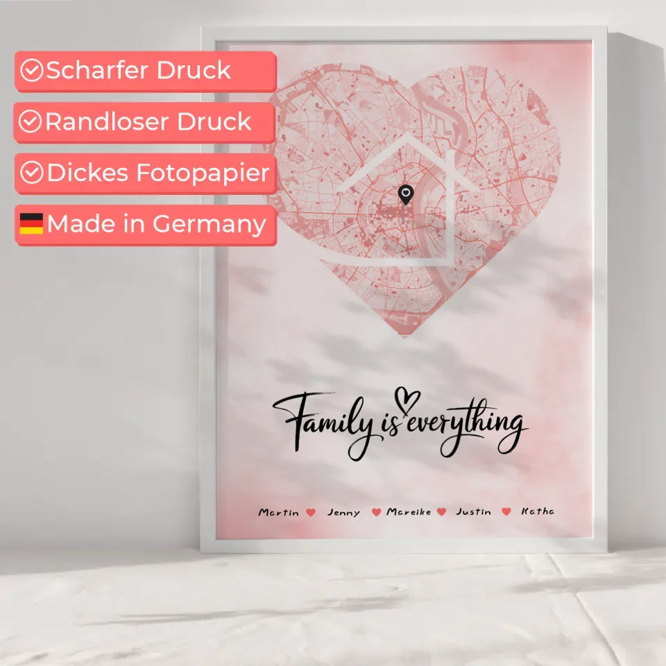 Familienposter personalisiert Stadtkarte Herz Form mit Nachname Family Is Everything