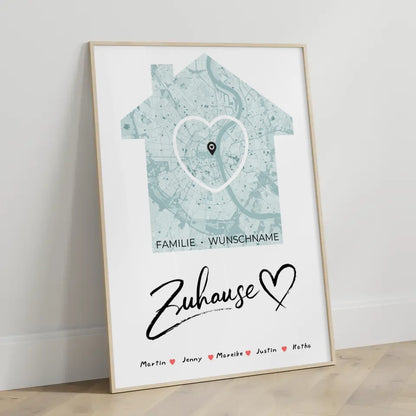 Personalisiertes Familienposter Stadtkarte Zuhause mit Nachname Herz Haus