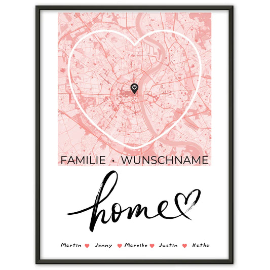 Personalisiertes Poster Familie Stadtkarte Home mit Nachname Herzform