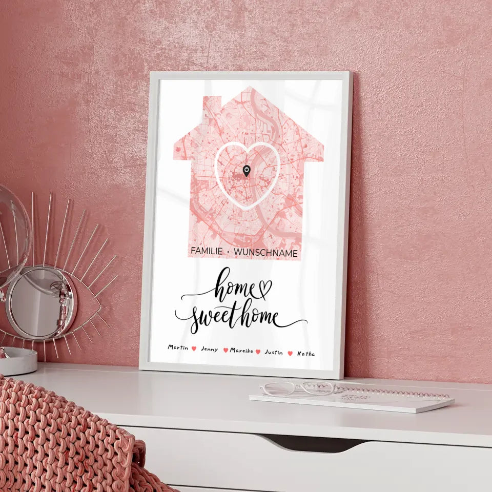 Familien Poster Personalisiert Stadtkarte Home Sweet Home Herz Haus mit Nachname