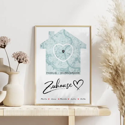 Personalisiertes Familienposter Stadtkarte Zuhause mit Nachname Herz Haus