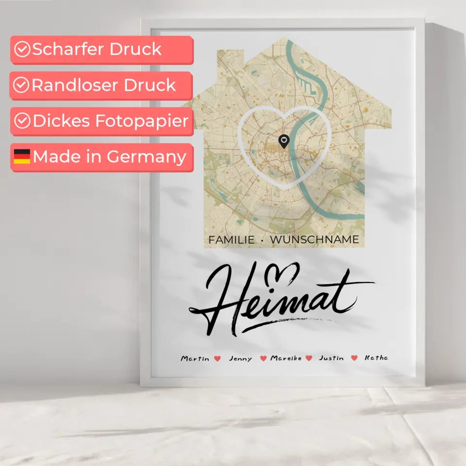 Personalisierte Poster Spruch Familie Stadtkarte Heimat mit Nachname