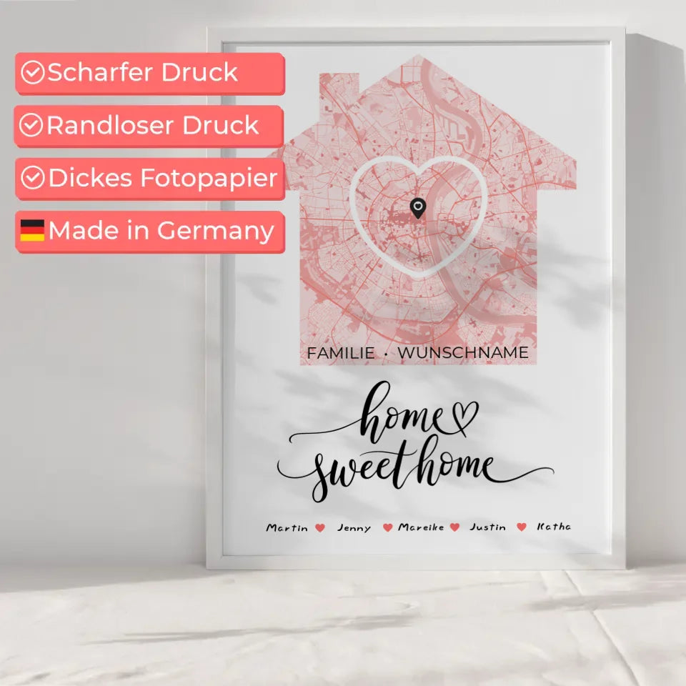 Familien Poster Personalisiert Stadtkarte Home Sweet Home Herz Haus mit Nachname