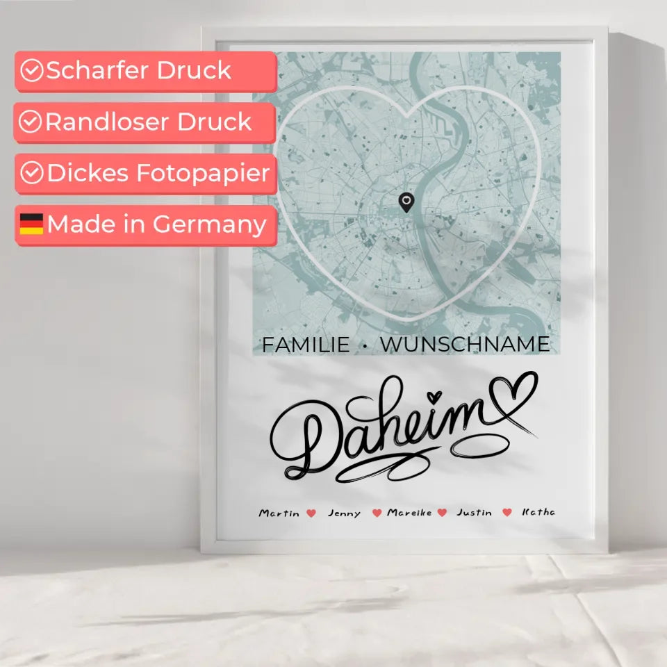 Familien Poster personalisiert Stadtkarte Daheim Herzform mit Nachname