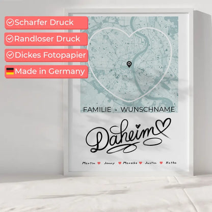 Familien Poster personalisiert Stadtkarte Daheim Herzform mit Nachname