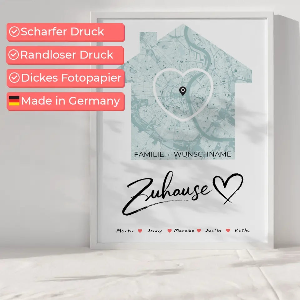 Personalisiertes Familienposter Stadtkarte Zuhause mit Nachname Herz Haus