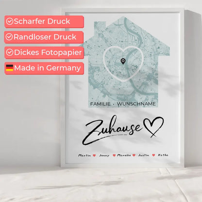 Personalisiertes Familienposter Stadtkarte Zuhause mit Nachname Herz Haus