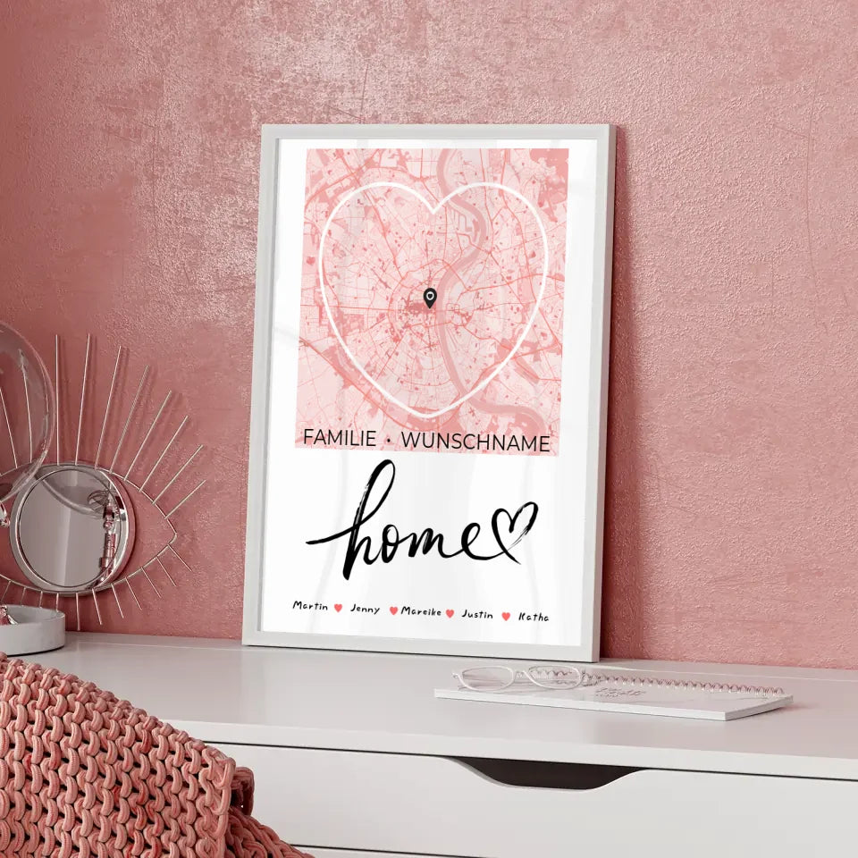 Personalisiertes Poster Familie Stadtkarte Home mit Nachname Herzform