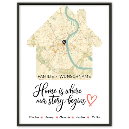 Familien Poster personalisiert Stadtkarte Where Our Story Begins Hausform mit Nachname