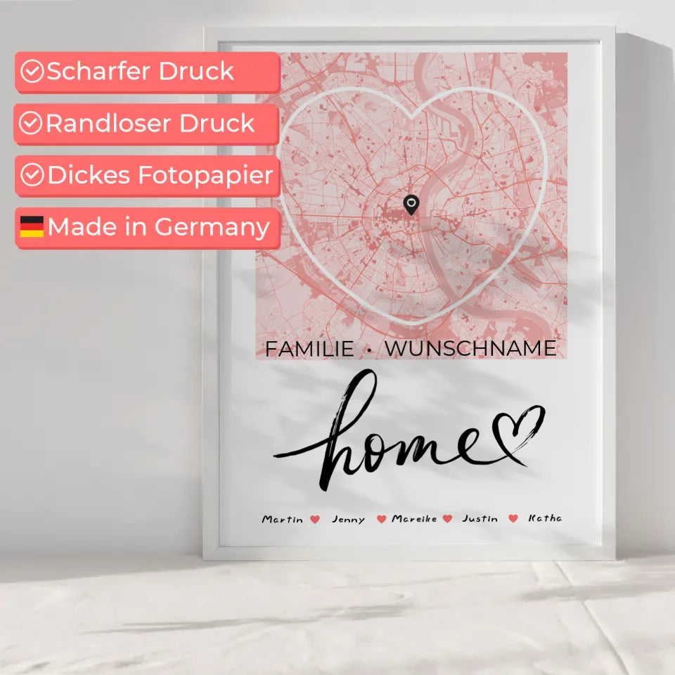 Personalisiertes Poster Familie Stadtkarte Home mit Nachname Herzform