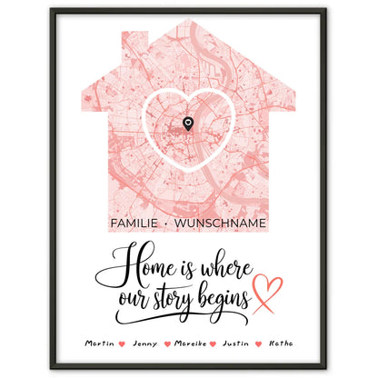Familienposter personalisiert Stadtkarte Where Our Story Begins Herz Haus mit Nachname