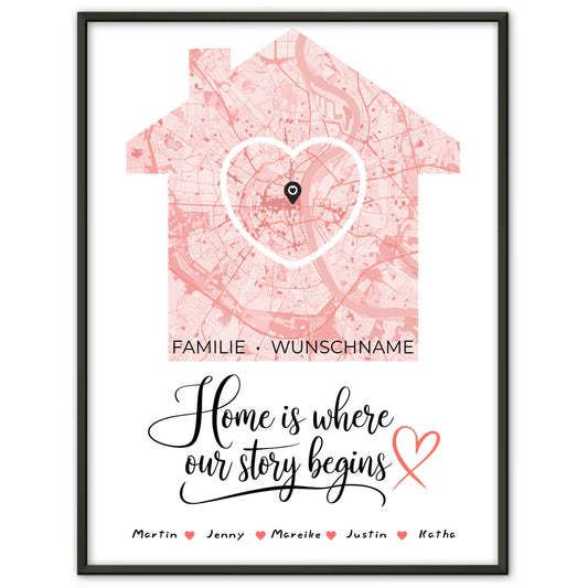 Familienposter personalisiert Stadtkarte Where Our Story Begins Herz Haus mit Nachname