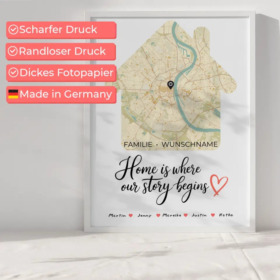 Familien Poster personalisiert Stadtkarte Where Our Story Begins Hausform mit Nachname