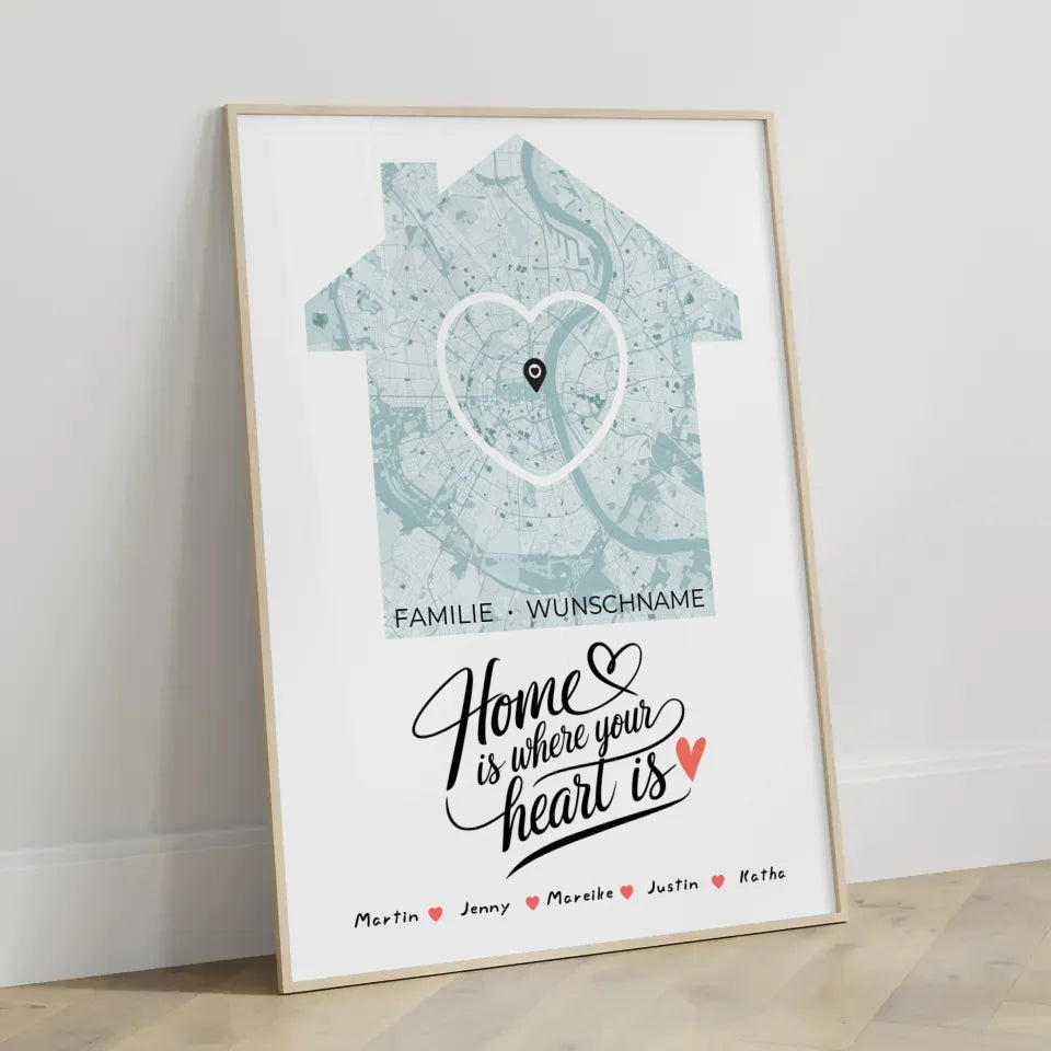 Personalisiertes Poster Spruch Familie Stadtkarte Home Is Where Your Heart Is