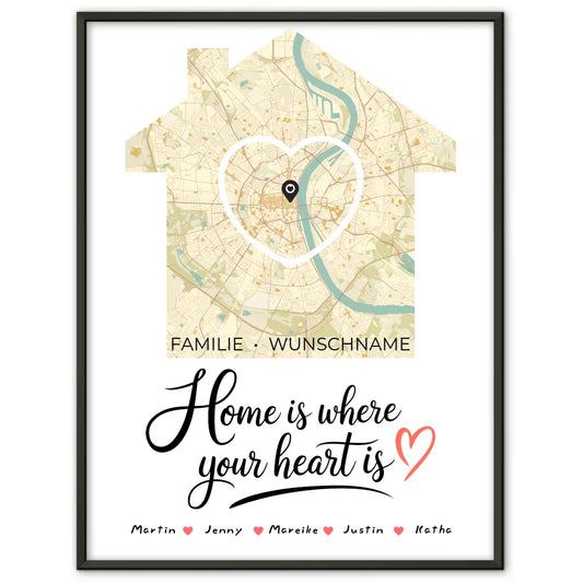 Personalisiertes Poster Familie Stadtkarte Where your Heart is Herz Haus mit Nachname