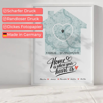 Personalisiertes Poster Spruch Familie Stadtkarte Home Is Where Your Heart Is