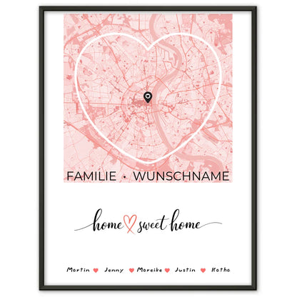 Personalisiertes Familien Poster Stadtkarte Herzform Home Sweet Home