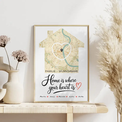 Personalisiertes Poster Familie Stadtkarte Where your Heart is Herz Haus mit Nachname