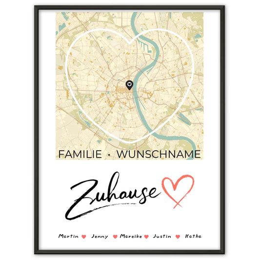 Personalisiertes Poster Spruch Familie Stadtkarte Zuhause Herzform mit Nachname