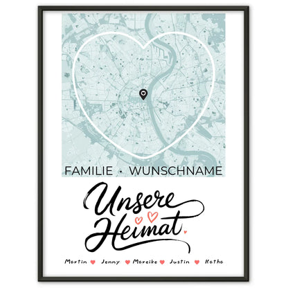 Personalisiertes Familienposter Stadtkarte Unsere Heimat mit Nachname Herzform