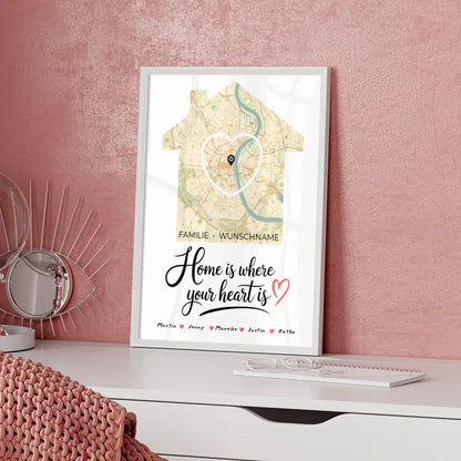 Personalisiertes Poster Familie Stadtkarte Where your Heart is Herz Haus mit Nachname