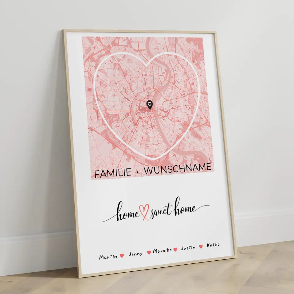 Personalisiertes Familien Poster Stadtkarte Herzform Home Sweet Home