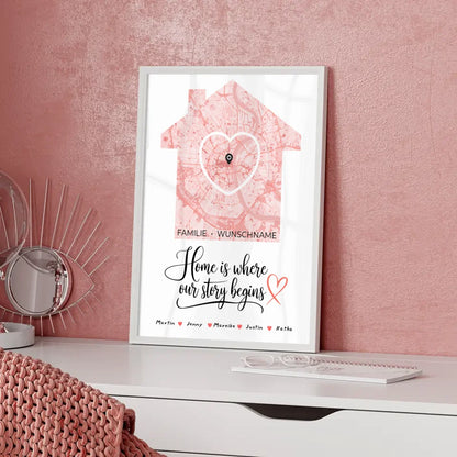 Familienposter personalisiert Stadtkarte Where Our Story Begins Herz Haus mit Nachname