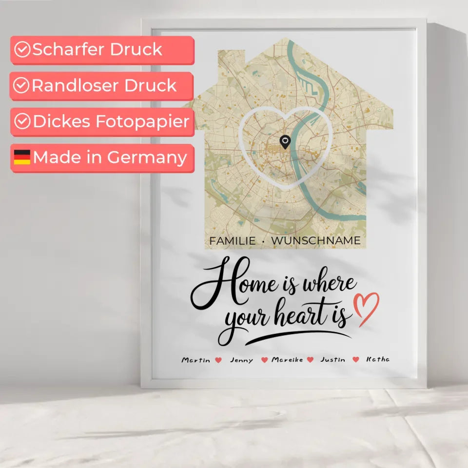 Personalisiertes Poster Familie Stadtkarte Where your Heart is Herz Haus mit Nachname