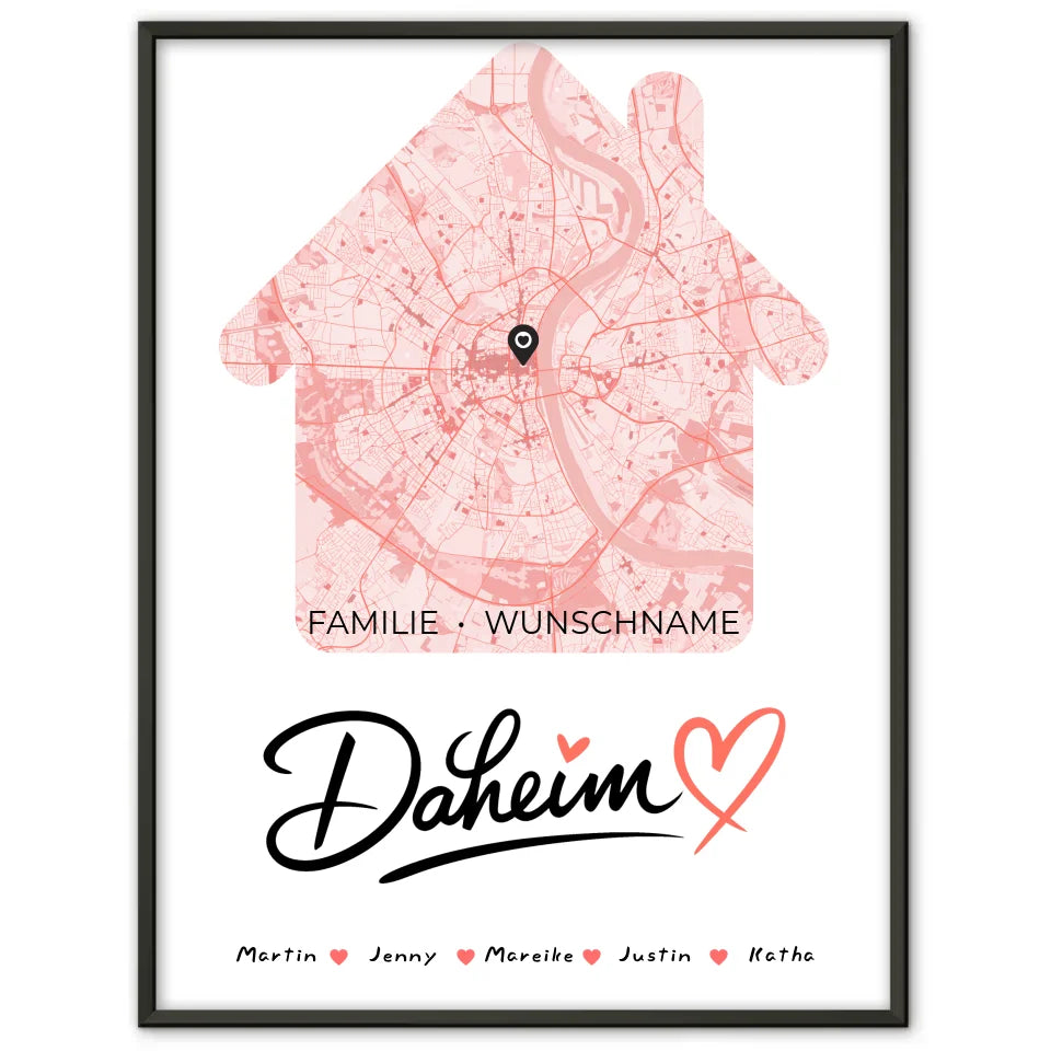 Personalisiertes Poster Familie Stadtkarte Daheim mit Nachname Hausform