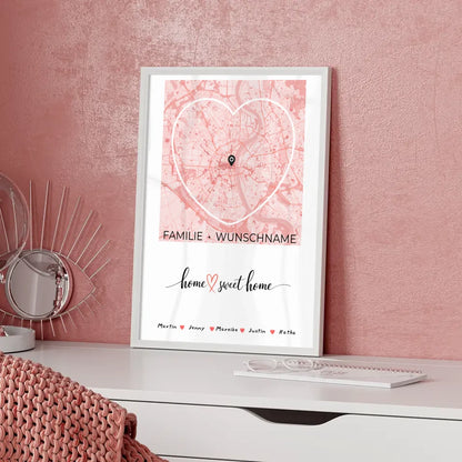 Personalisiertes Familien Poster Stadtkarte Herzform Home Sweet Home