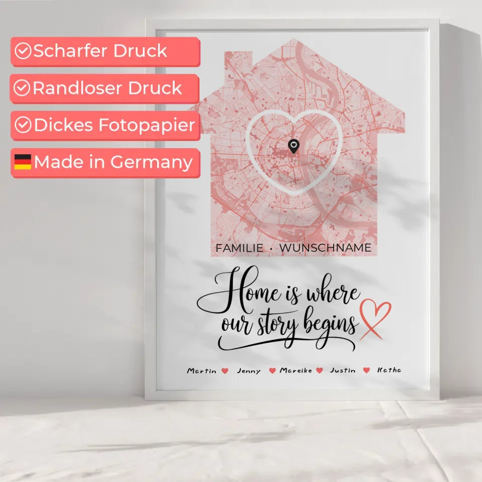 Familienposter personalisiert Stadtkarte Where Our Story Begins Herz Haus mit Nachname