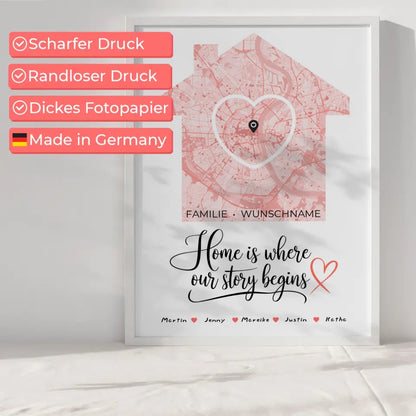 Familienposter personalisiert Stadtkarte Where Our Story Begins Herz Haus mit Nachname