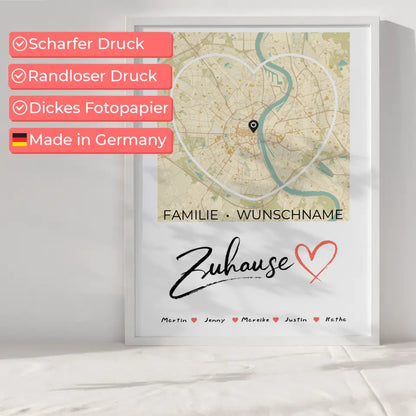 Personalisiertes Poster Spruch Familie Stadtkarte Zuhause Herzform mit Nachname