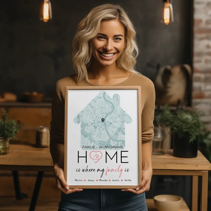 Familien Poster Personalisiert Stadtkarte Home Is Where My Family Is Hausform mit Nachname