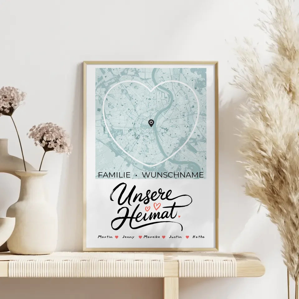 Personalisiertes Familienposter Stadtkarte Unsere Heimat mit Nachname Herzform