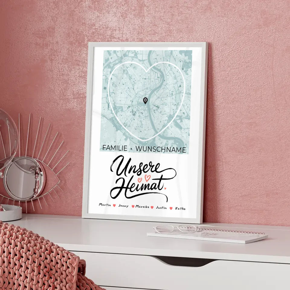 Personalisiertes Familienposter Stadtkarte Unsere Heimat mit Nachname Herzform