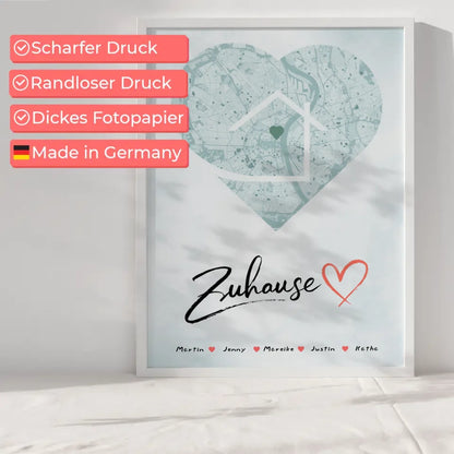 Familien Poster Personalisiert Stadtkarte Zuhause mit Nachname Herz Form