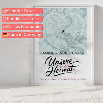 Personalisiertes Familienposter Stadtkarte Unsere Heimat mit Nachname Herzform