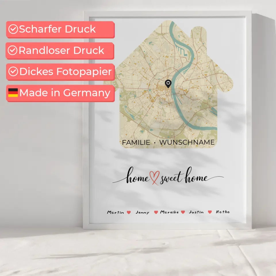 Familienposter personalisiert Stadtkarte Home Sweet Home in Hausform mit Nachname