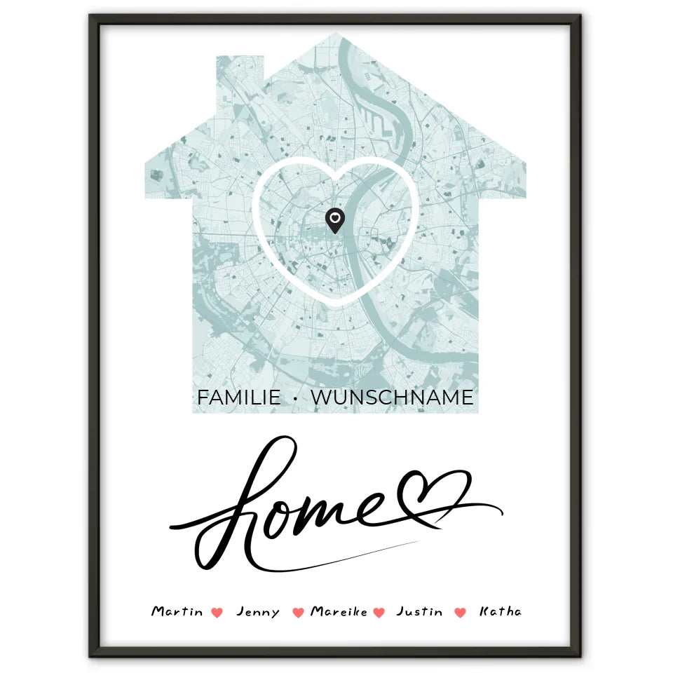 Personalisiertes Poster Familie Stadtkarte Home mit Nachname Herz Haus 1