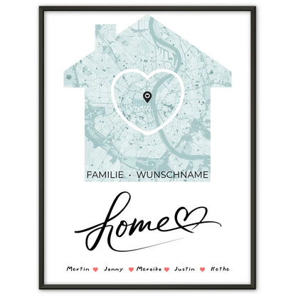 Personalisiertes Poster Familie Stadtkarte Home mit Nachname Herz Haus 1