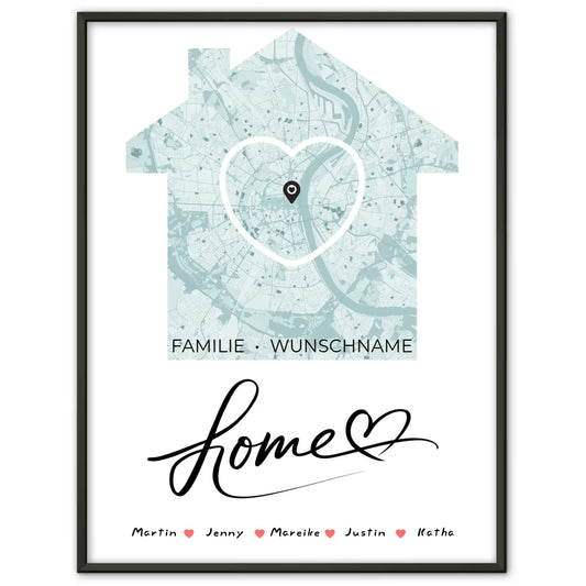 Personalisiertes Poster Familie Stadtkarte Home mit Nachname Herz Haus 1