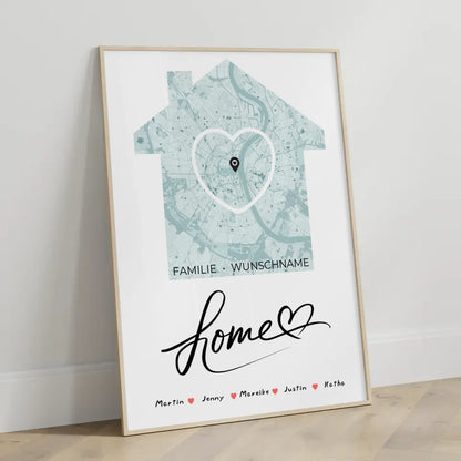 Personalisiertes Poster Familie Stadtkarte Home mit Nachname Herz Haus 3