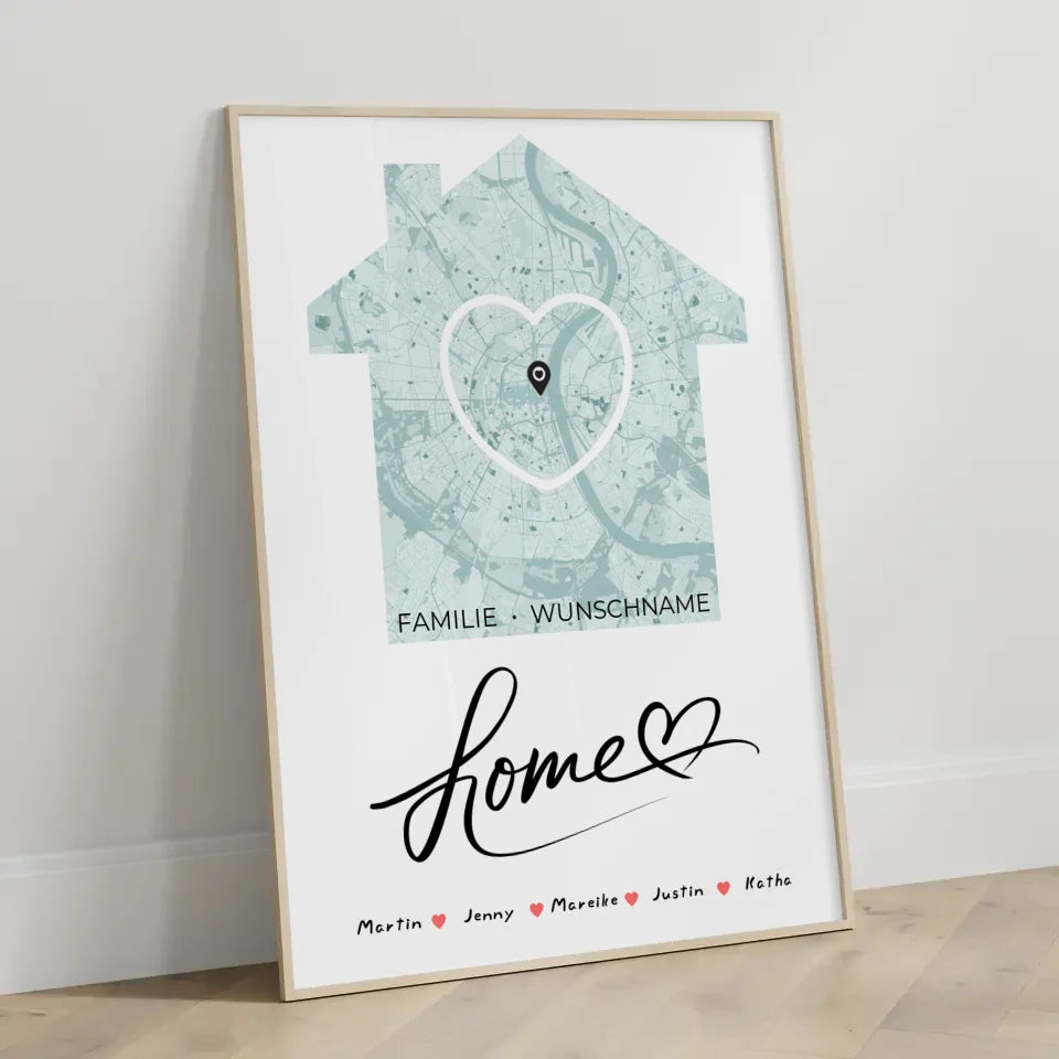 Personalisiertes Poster Familie Stadtkarte Home mit Nachname Herz Haus