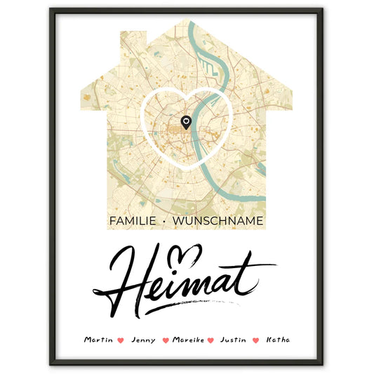 Familien Poster personalisiert Stadtkarte Heimat mit Nachname Herz Haus 1